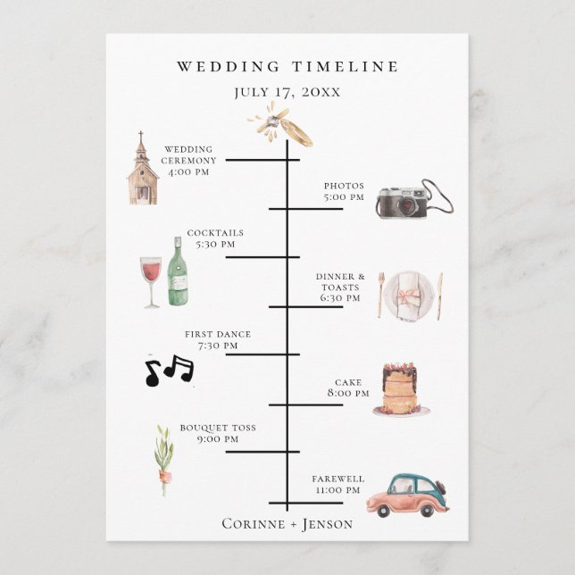Rustic Watercolor Wedding Timeline Programme (Front)