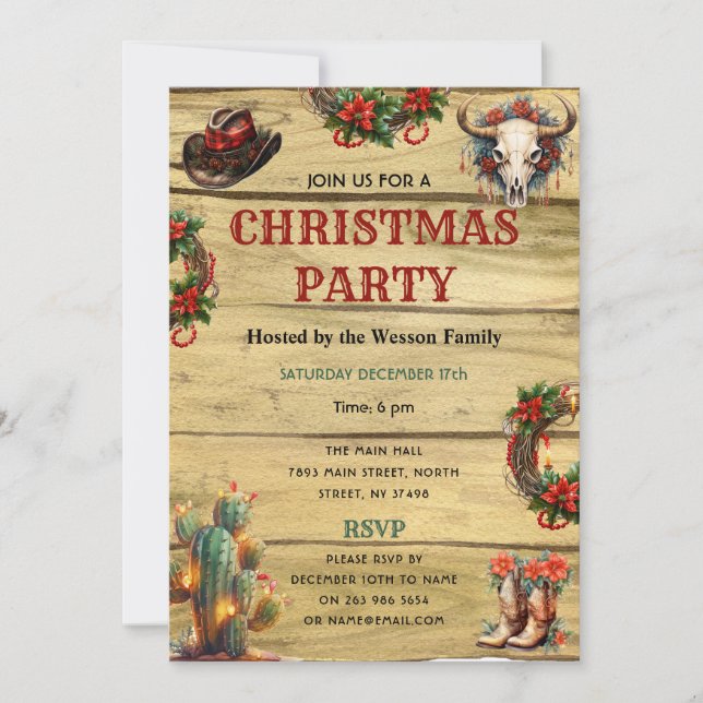 Rustic Watercolor  Western Christmas Dinner Party Invitation (Front)