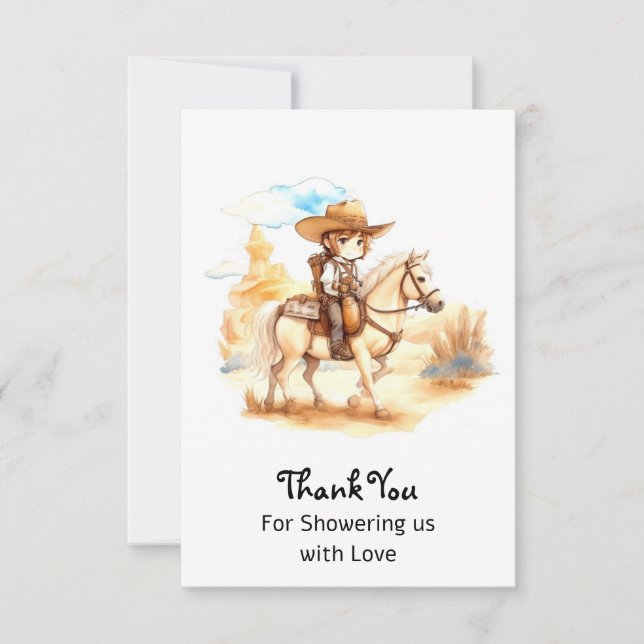 Rustic Watercolor Western Cowboy Baby Shower Thank You Card (Front)
