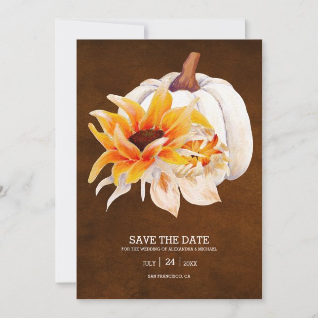 Rustic Watercolor White Pumpkin Sunflower Save The Date (Front)
