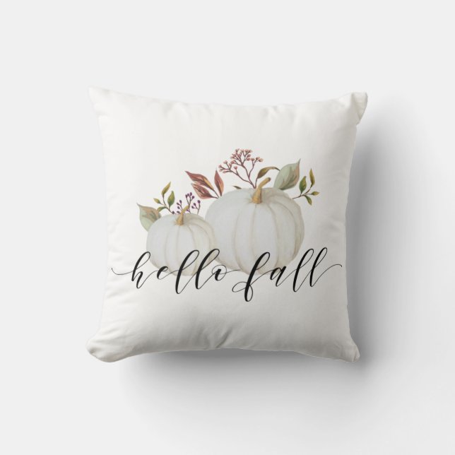 Rustic Watercolor White Pumpkins Hello Fall Cushion (Front)