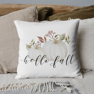 Rustic Watercolor White Pumpkins Hello Fall Cushion