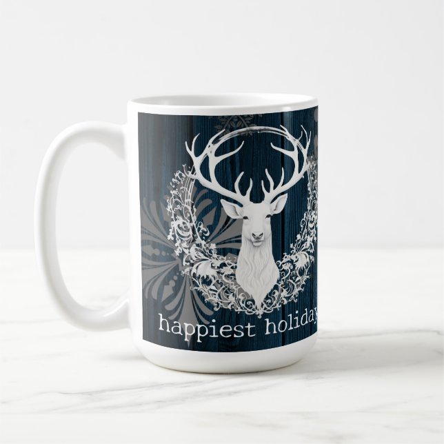 Rustic Watercolor White Reindeer | Blue Coffee Mug (Left)
