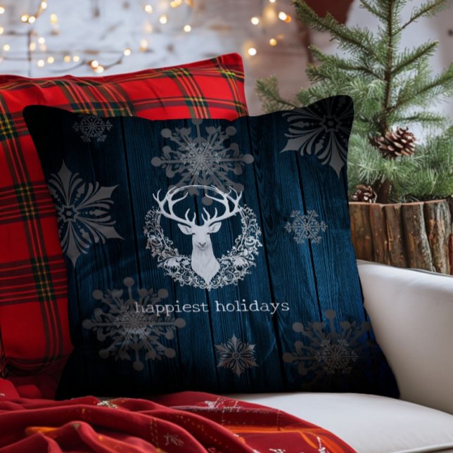 Rustic Watercolor White Reindeer | Blue Cushion (Blue Rustic Watercolor White Reindeer Throw Pillow)