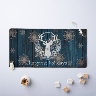 Rustic Watercolor White Reindeer Blue Desk Mat