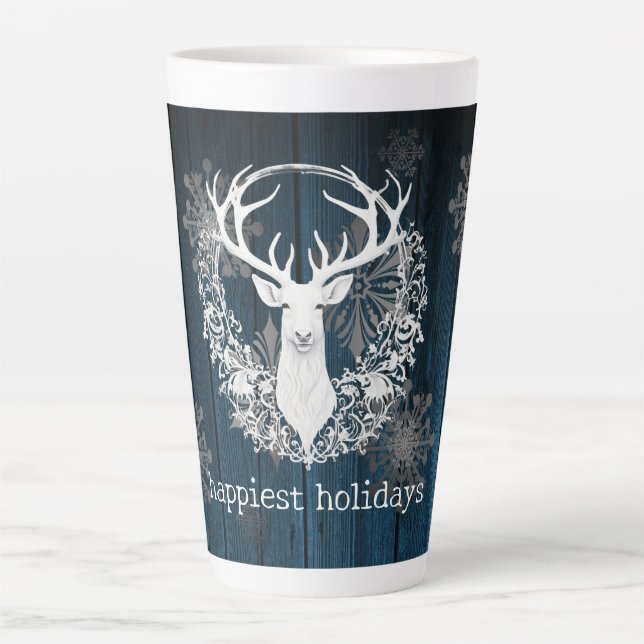 Rustic Watercolor White Reindeer | Blue Latte Mug (Front)