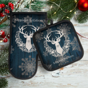 Rustic Watercolor White Reindeer Blue Oven Mitt & Pot Holder Set