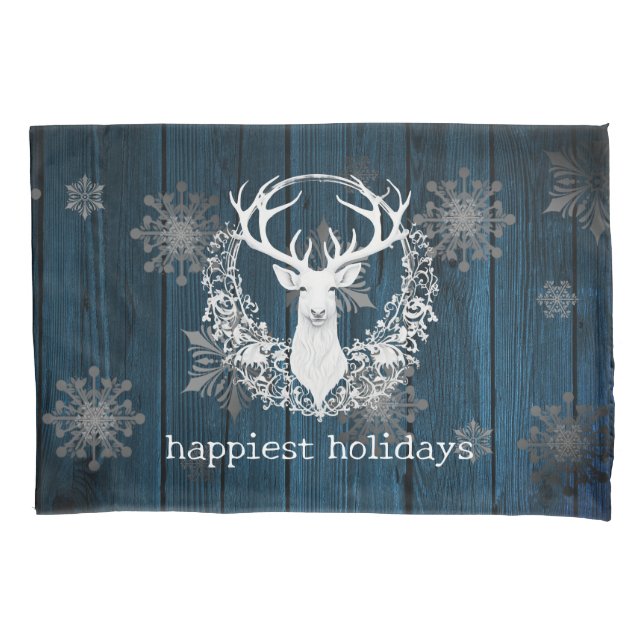 Rustic Watercolor White Reindeer | Blue Pillowcase (Front)