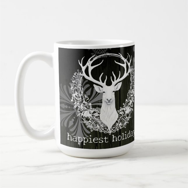 Rustic Watercolor White Reindeer | Green Coffee Mug (Left)