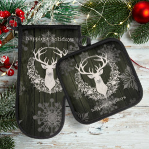 Rustic Watercolor White Reindeer Green Oven Mitt & Pot Holder Set