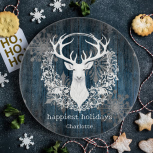 Rustic Watercolor White Reindeer Personalise Blue Cutting Board