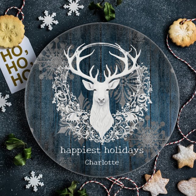 Rustic Watercolor White Reindeer Personalise Blue Cutting Board (Blue Rustic Watercolor White Reindeer Cutting Board)