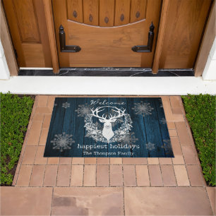 Rustic Watercolor White Reindeer Personalise Blue Doormat