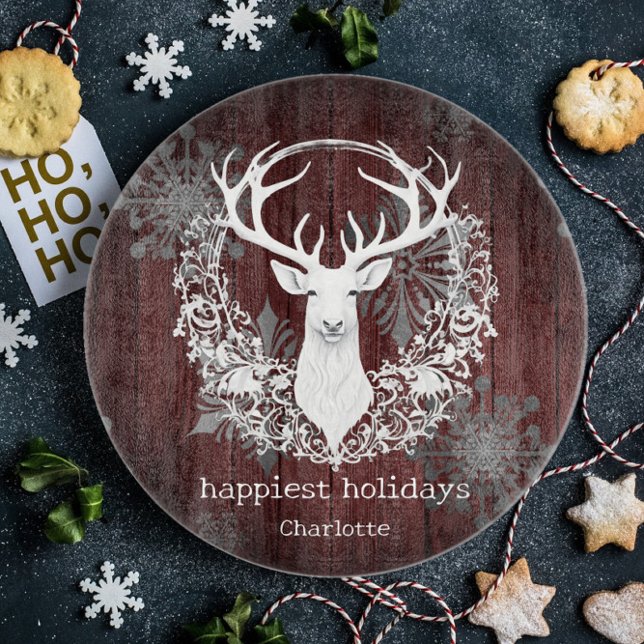 Rustic Watercolor White Reindeer Personalised Red Cutting Board (Red Rustic Watercolor White Reindeer Cutting Board)