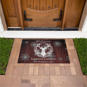Rustic Watercolor White Reindeer Personalised Red Doormat
