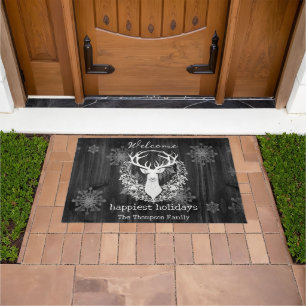 Rustic Watercolor White Reindeer Personalized Doormat