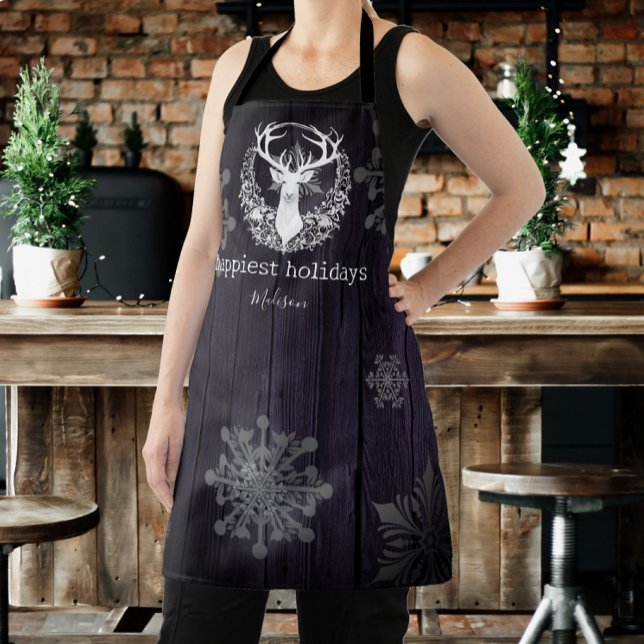 Rustic Watercolor White Reindeer Purple Apron (Purple Rustic Watercolor White Reindeer Personalized Apron)