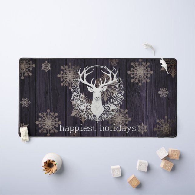Rustic Watercolor White Reindeer | Purple Desk Mat (Kids Table)