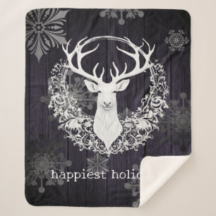 Rustic Watercolor White Reindeer Purple Sherpa Blanket