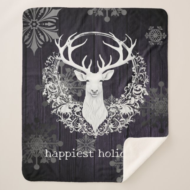 Rustic Watercolor White Reindeer | Purple Sherpa Blanket (Front)