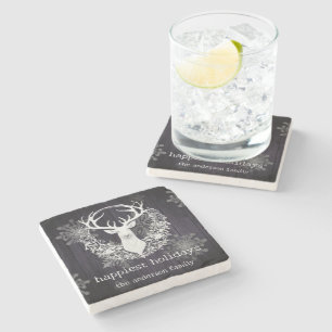 Rustic Watercolor White Reindeer   Purple Stone Coaster