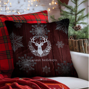 Rustic Watercolor White Reindeer   Red Cushion