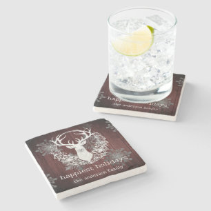 Rustic Watercolor White Reindeer Red Stone Coaster