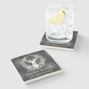 Rustic Watercolor White Reindeer Stone Coaster