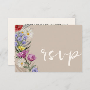 Rustic Watercolor Wild Flower & Beige Wedding RSVP Card