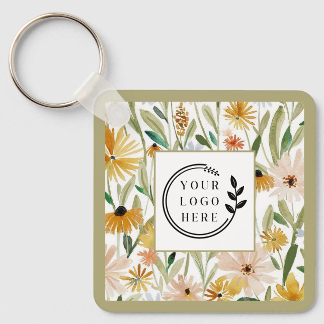 Rustic Watercolor Wild Flowers Logo QR Code Key Ring (Front)