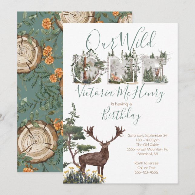 Rustic Watercolor Wild One First Birthday Party Invitation (Front/Back)
