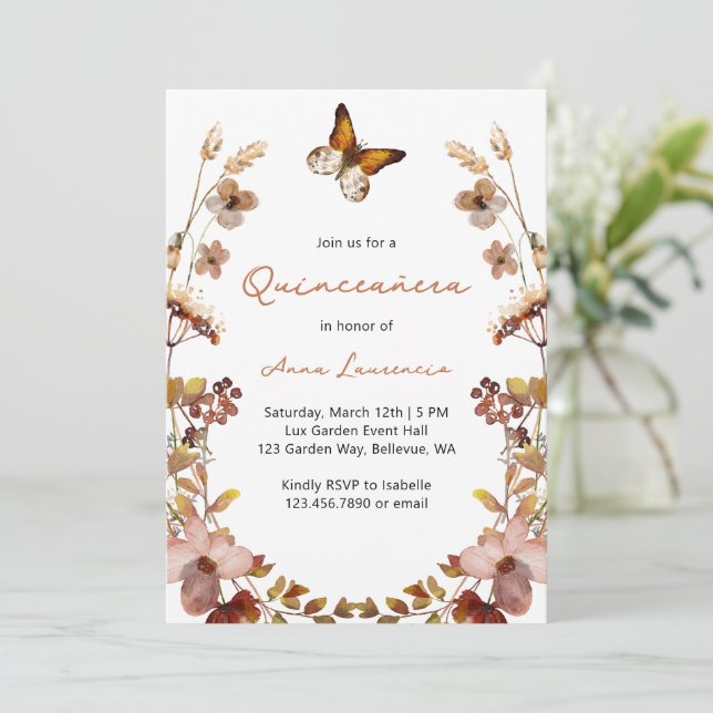 Rustic Watercolor Wildflower Butterfly Quinceanera Invitation (Standing Front)