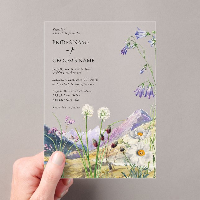 Rustic Watercolor Wildflower Mountain Wedding Acrylic Invitations (Insitu (Handheld))