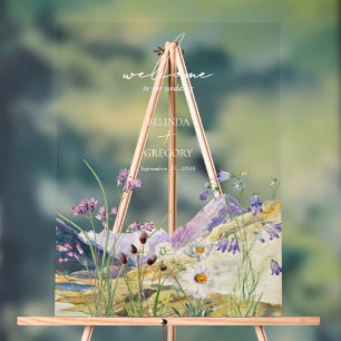 Rustic Watercolor Wildflower Mountain Wedding Acrylic Sign