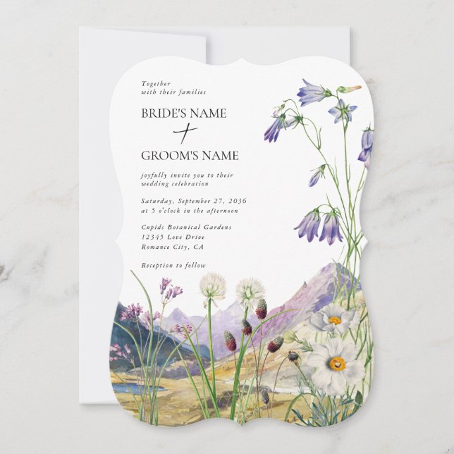 Rustic Watercolor Wildflower Mountain Wedding Invitation (Front)
