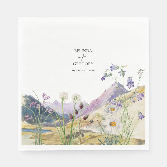 Rustic Watercolor Wildflower Mountain Wedding Napkin (Front)