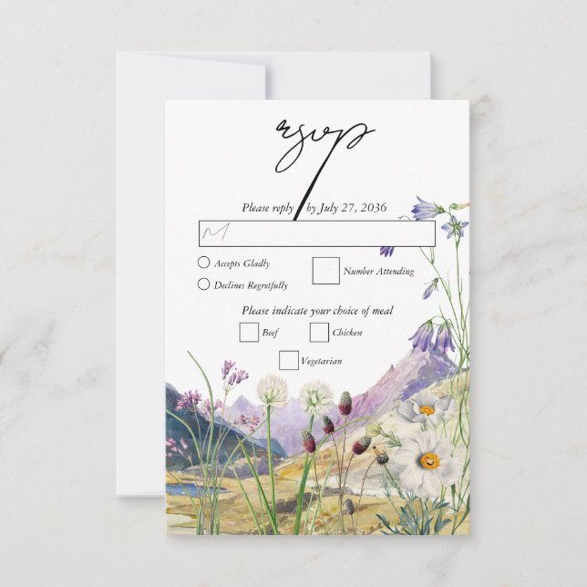 Rustic Watercolor Wildflower Mountain Wedding RSVP Card (Front)