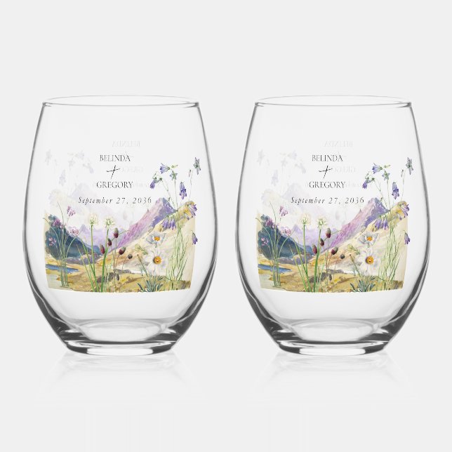 Rustic Watercolor Wildflower Mountain Wedding Stemless Wine Glass (Front)