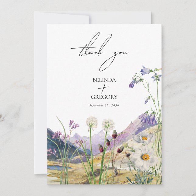 Rustic Watercolor Wildflower Mountain Wedding Thank You Card (Front)