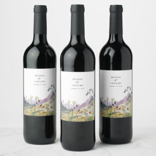 Rustic Watercolor Wildflower Mountain Wedding Wine Label