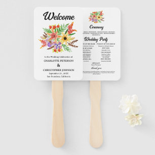 Rustic Watercolor Wildflowers Wedding Program  Hand Fan