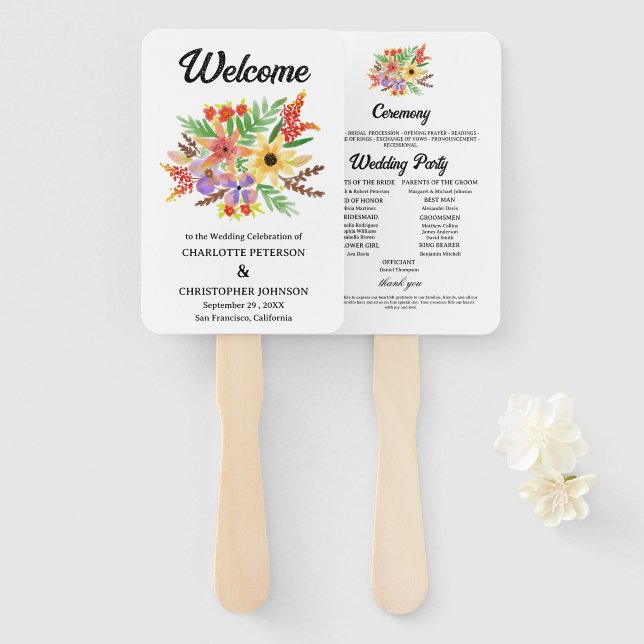 Rustic Watercolor Wildflowers Wedding Program  Hand Fan (Front and Back)