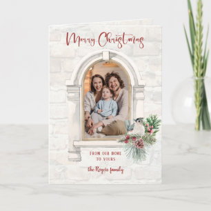 Rustic Watercolor Window w/Christmas Floral Photo Holiday Card