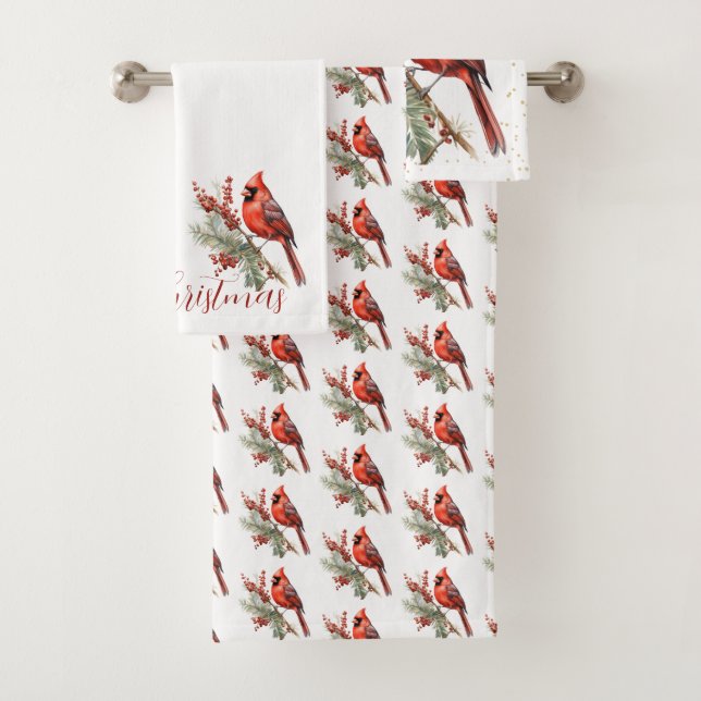 Rustic Watercolor Winter Cardinal Holly Branch Bath Towel Set (Insitu)