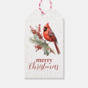 Rustic Watercolor Winter Cardinal Holly Branch Gift Tags