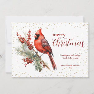 Rustic Watercolor Winter Cardinal Holly Branch Holiday Card