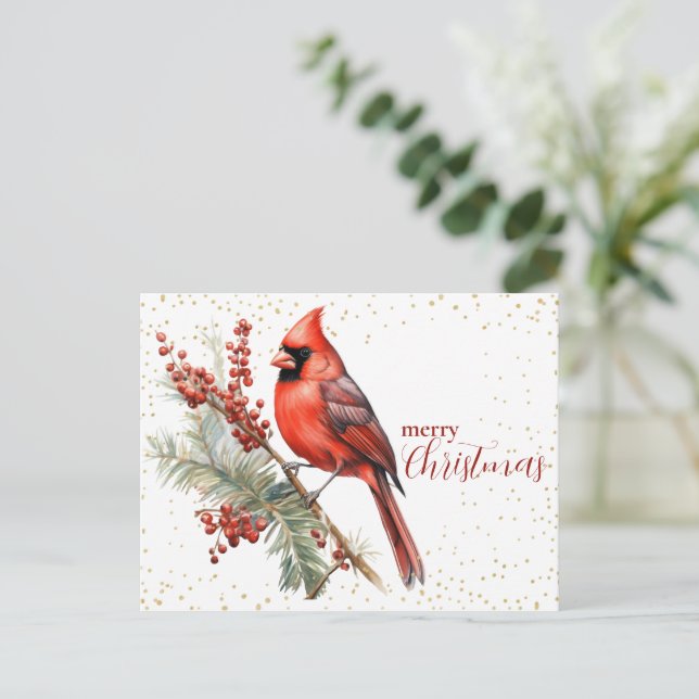Rustic Watercolor Winter Cardinal Holly Branch Holiday Postcard (Standing Front)