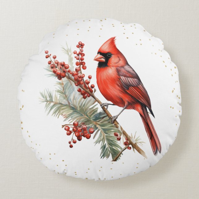 Rustic Watercolor Winter Cardinal Holly Branch Round Cushion (Front)