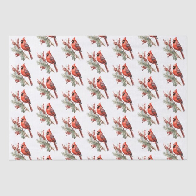 Rustic Watercolor Winter Cardinal Holly Branch  Tissue Paper (Front)