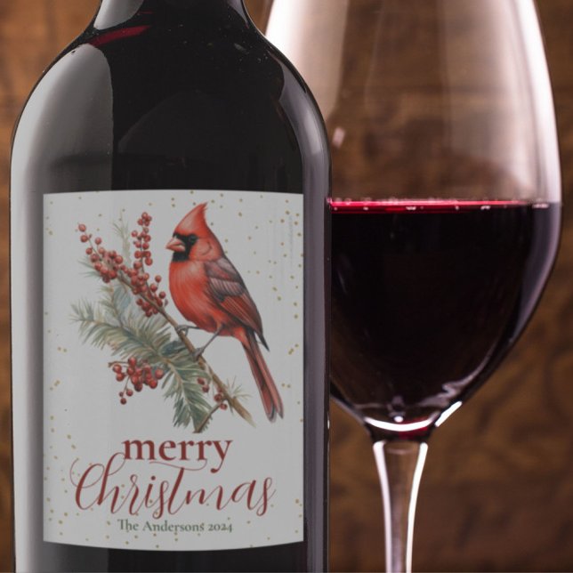 Rustic Watercolor Winter Cardinal Holly Branch Wine Label (Creator Uploaded)